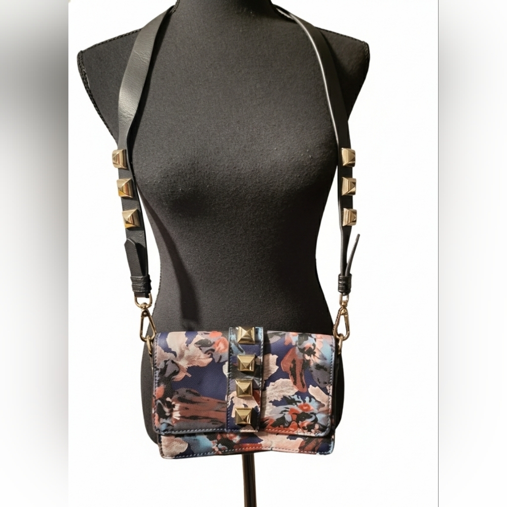 Steve Madden Black Floral Crossbody Bag with Gold Studs